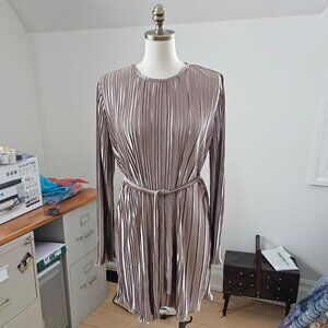 Champagne Satin Pleated Dress | NWOT | Size S